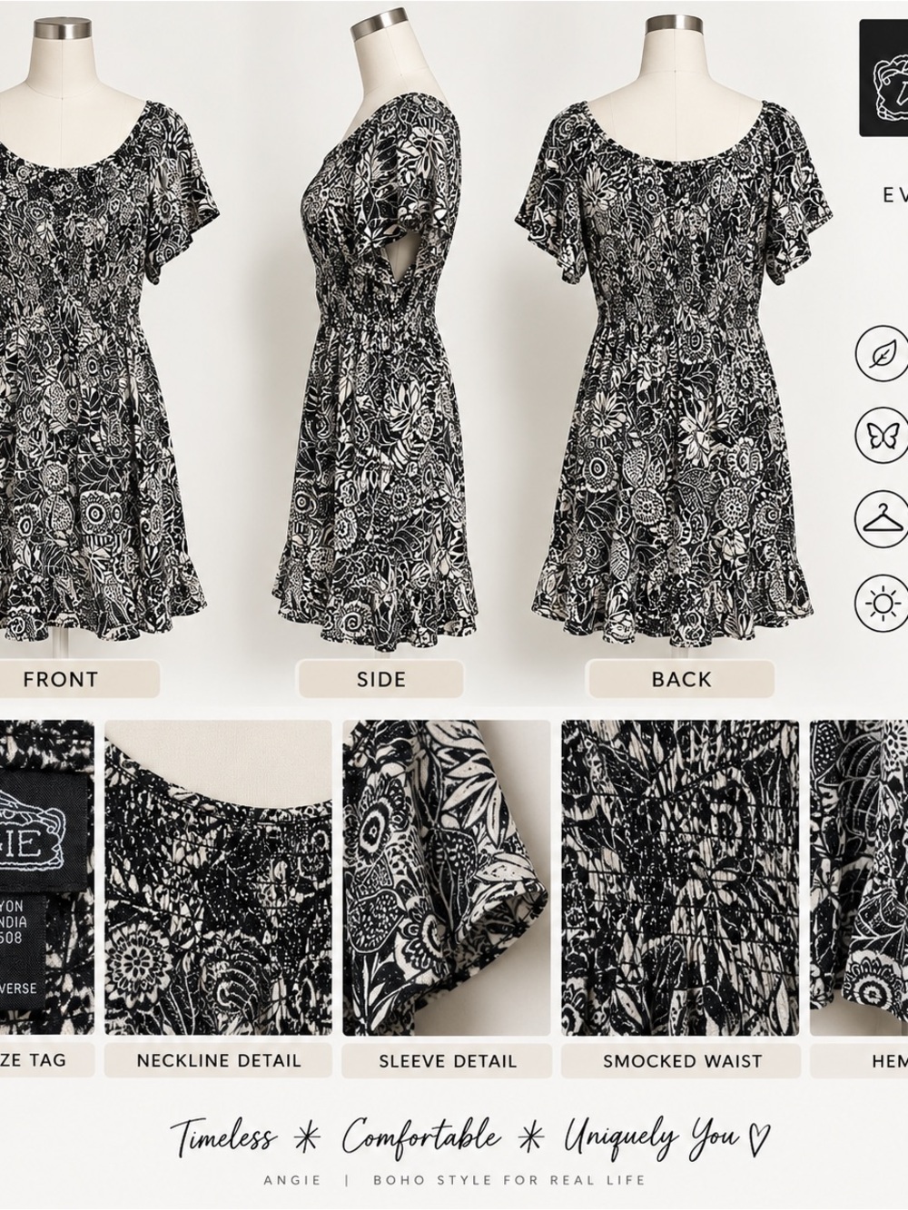 Angie Black & White Floral Smocked-Waist Mini Dress